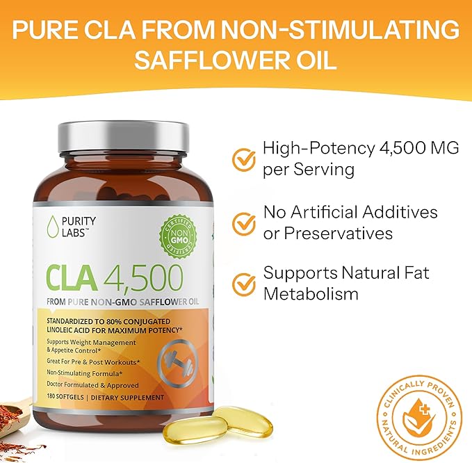 Purity Labs CLA Supplements 4500MG - Non-GMO Safflower Oil - Supports Energy, Weight Loss, Heart Health, and Muscle Health - 180 Soft gels