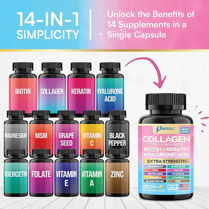 Collagen Peptides Types I, II, III, V & X, MCG Biotin, Keratin, Hyaluronic Acid, MSM, Zinc, Grape Seed Extract, Quercetin, Vitamin A, Vitamin C, Vitamin E, Magnesium, Folic Acid (270 Capsules)