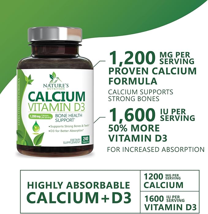 Calcium Supplement with Vitamin D3-1200 mg Calcium per Serving with D3 for Best Absorption - Supports Immune Health, Bones & Teeth - Nature's Calcium is Bottled in USA for Women & Men - 240 Tablets