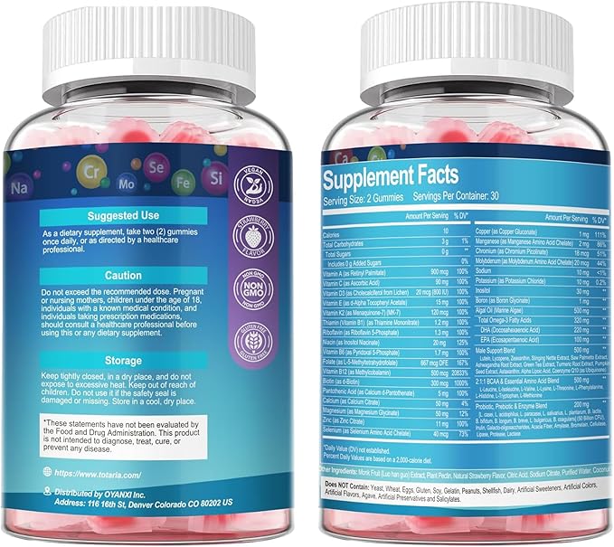 Totaria 2 Packs Sugar Free Multivitamin for Men with Omega 3, Probiotics, Mens Multivitamins Gummies w/Methylated B Complex, BCAA, Lycopene, Zinc, for Daily Energy, Immune, Heart, Iron Free