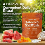 Savanna Skin Sunless Tanning Gummies for Natural Bronze Glow - with Beta Carotene, Vitamin C & E - Vegan & Sugar-Free Skin Hydration Supplement - 60 Count
