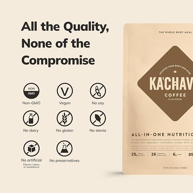 Ka’Chava Whole Body Meal Shake Coffee 2 lb – Vegan Protein Powder with 25g of Protein, 6g of Fiber – Plant-Based Meal Replacement – Probiotics & Digestive Enzymes – Gluten & Dairy Free (15 Servings)
