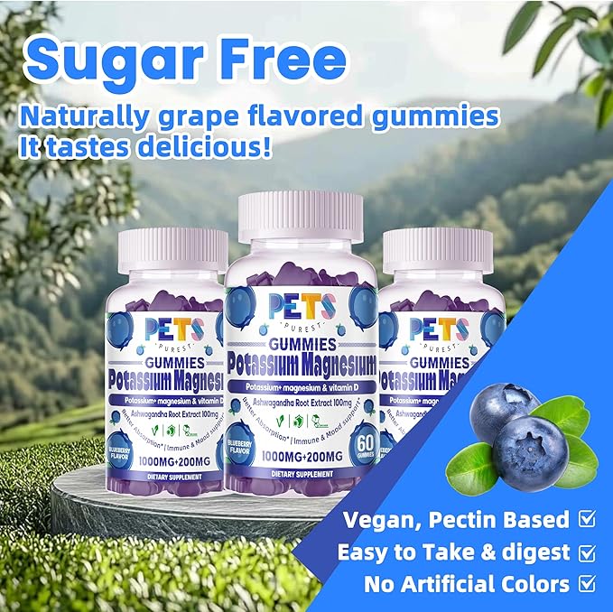 Potassium Magnesium Gummies - High Absorption Magnesium Glycinate & Potassium Citrate Plus Omega 3, B6, D3, K2 & Calcium - Chewable Gummy for Leg Cramps, Immunity & Energy-Blueberry 60 Gummies