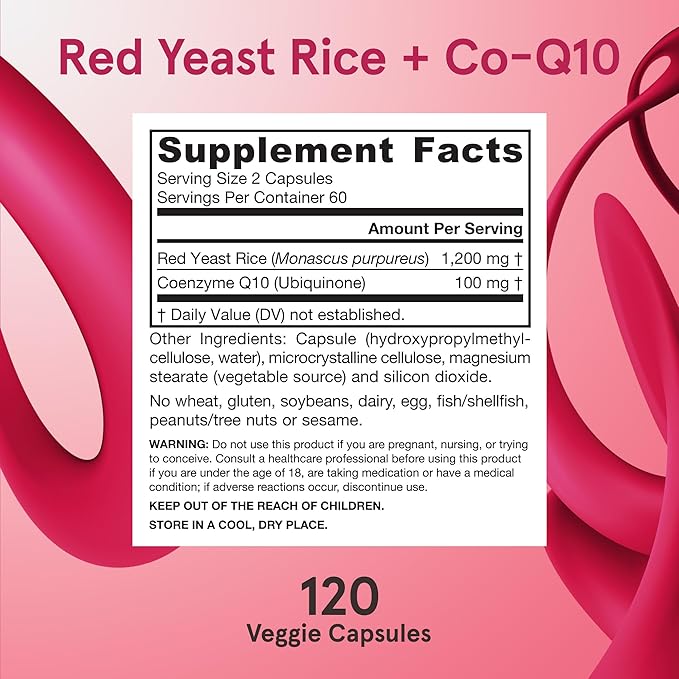 Jarrow Formulas Red Yeast Rice 1200 mg & CoQ10 100 mg Per Serving - 120 Veggie Caps, 60 Servings - Herbal Heart Health Dietary Supplement - Supports Cardiovascular & Cellular Health - Vegan
