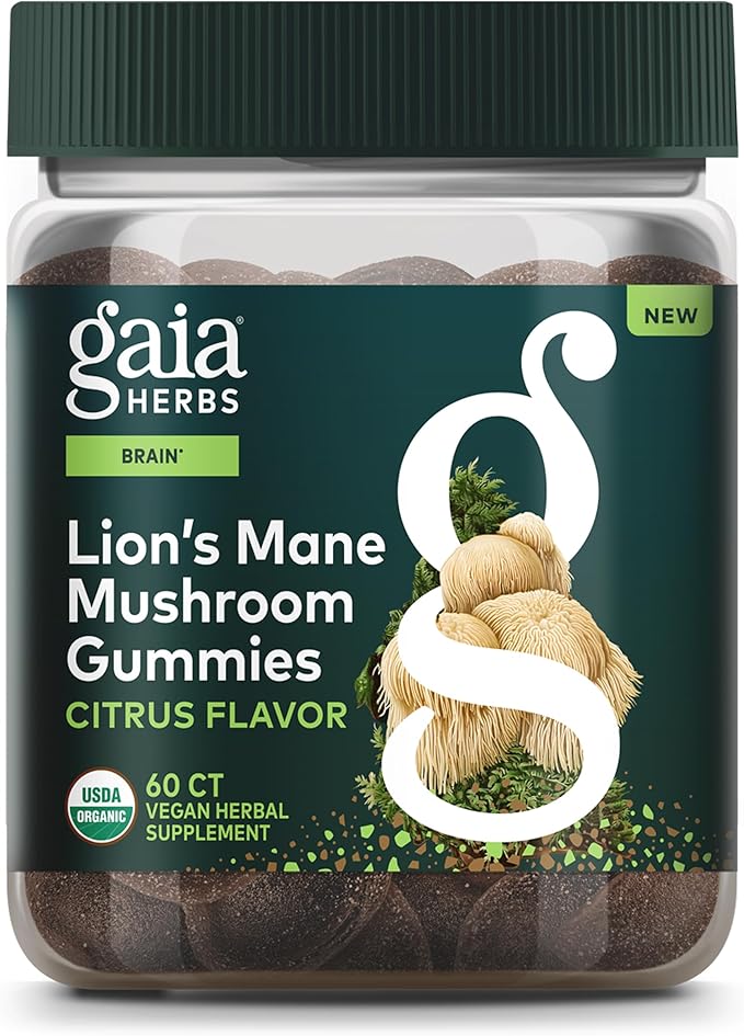 Gaia Herbs Lion's Mane Mushroom Gummies - Brain Support Supplement* - Made with Organic Lion's Mane Mushrooms - Free from Gluten, Soy & Dairy - 60 Vegan Gummies (30 Servings)