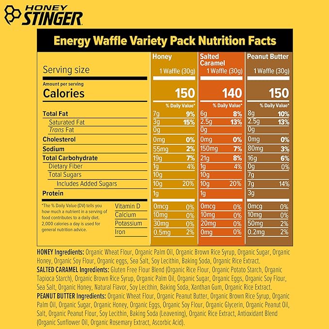 Honey Stinger Organic Energy Waffle Classic Original Flavors Variety Pack of 18, 6 Pack Each of Honey, Salted Caramel, Peanut Butter, Nutritious Stroopwafel Snack for Performance, Cycling, Running