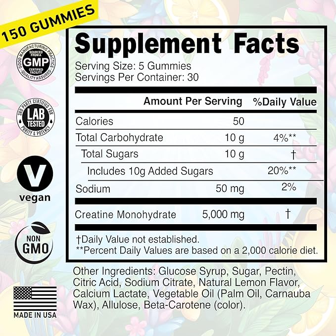 Creatine Monohydrate Gummies 5g - Made in USA - Pre Workout Creatine Chews for Women & Men, Vegan Creatine Gummy Candy, Chewable Nutritional Supplements, NSF Certified (Lemon, 150 Count)
