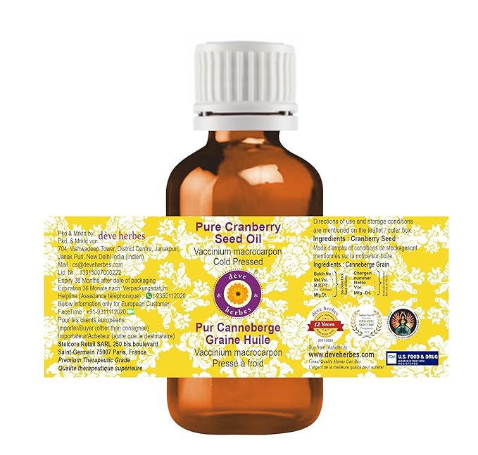 dève herbes Pure Cranberry Seed Oil (Vaccinium macrocarpon) Cold Pressed (Pack of Two) 100ml X 2 (6.76 oz)