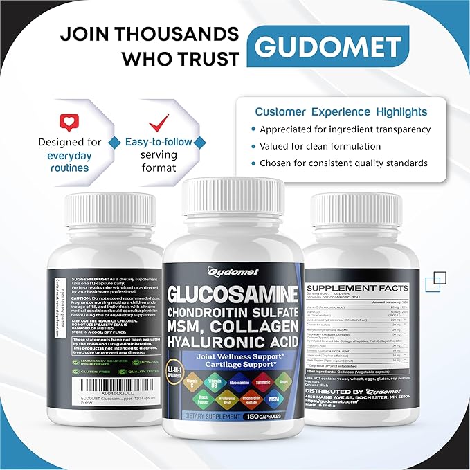 Glucosamine Chondroitin sulfate Methylsulfonylmethane Hyaluronic Acid Turmeric Ginger Vitamin C, D3, Black Pepper -150 Capsules