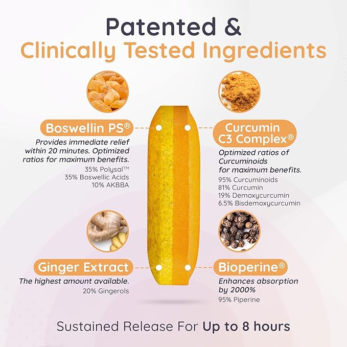 Joint Immune Support Supplement, Patented Blend Turmeric Curcumin C3 Complex with Black Pepper, Boswellia PS Extract & Ginger, Fast-Acting 20 minutes, 8-Hour Sustained Release, 120 Caplets - Sanjevani