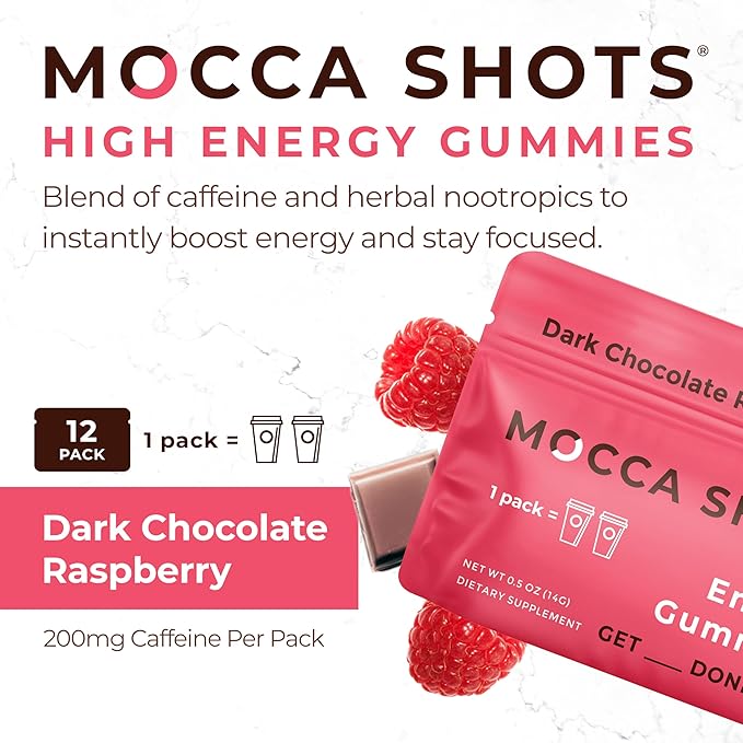 SGC Highest Concentration 100 mg Caffeine per Gummy, 2 Gummies per Pack, 6-Pack Mocca Shots Raspberry Chocolate Plant-Based Instant Energy with Herbal nootropics