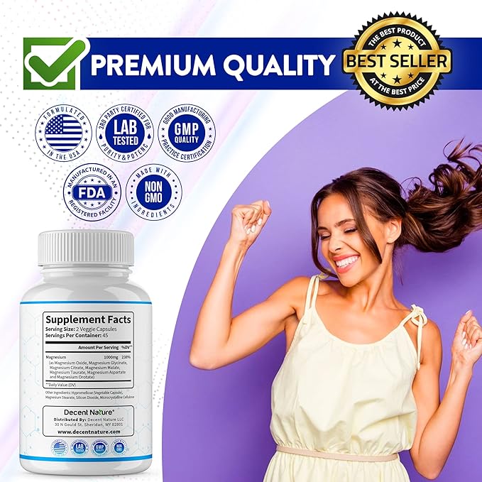 Magnesium Complex 7 Elemental Magnesium Supplement 1000mg – Magnesium Glycinate, Citrate, Malate, Taurate, Oxide, Aspartate, Orotate Non-GMO 90 Capsules