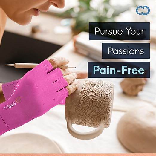Copper Compression Arthritis Gloves | Fingerless Arthritis Carpal Tunnel Pain Relief for Men & Women | Hand Support Wrist Brace for Neuropathy, Rheumatoid, Tendonitis, Swelling, Crocheting, Typing Pink XS