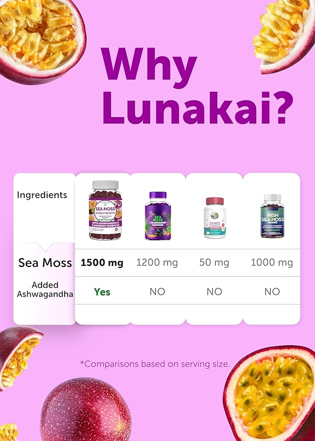 Lunakai USA Made Irish Sea Moss Gummies with Ashwagandha & Elderberry – Delicious Daily Immune & Stress Support Supplement for Men & Women, 60ct