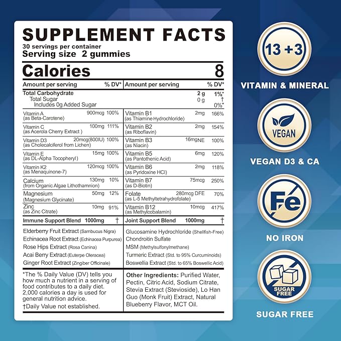 Methylated Multivitamin for Men/Women Gummies, Mens/Womens Multivitamin 50 Plus, with Glucosamine Chondroitin MSM Echinacea Sugar Free Chewable Multi Vitamins B D3 K2 A C E for Adults Seniors, 120 Cts