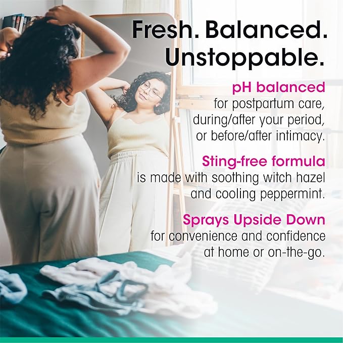 vH essentials Personal Cleansing Spray, pH Balancing Lactic Acid, Sting-Free, Witch Hazel Formula, Fragrance free, Paraben free, Sprays upside down for easy external intimate cleansing, 4 floz
