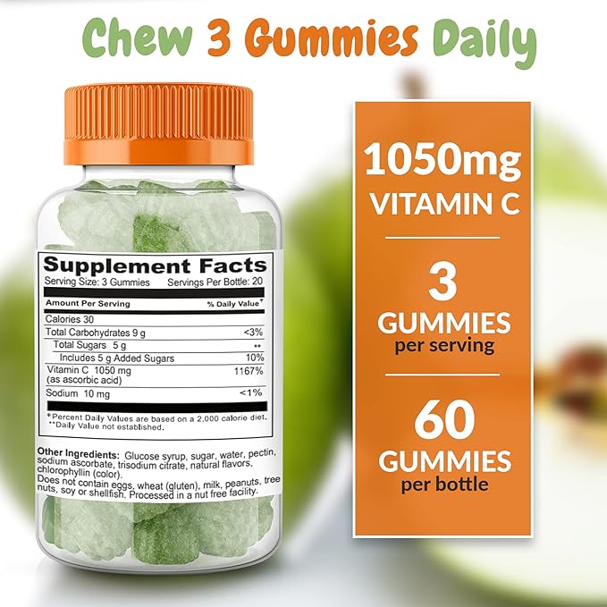 Sour Apple Flavored Vitamin C Gummies Mega Dose - 1050 mg Vitamin C - Boosts Immune System and Supports Heart Health - Great Tasting and Easy to Swallow