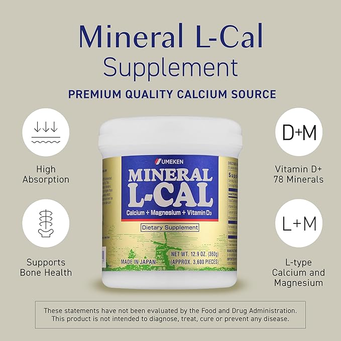 Umeken Mineral L-Cal Calcium with Vitamin D3, 6 Month Supply, Water Soluble Ball Format with Magnesium & Minerals, Fast Absorbing Calcium Magnesium D3 Supplement, 3,600 Balls, 360g, Pack of 1