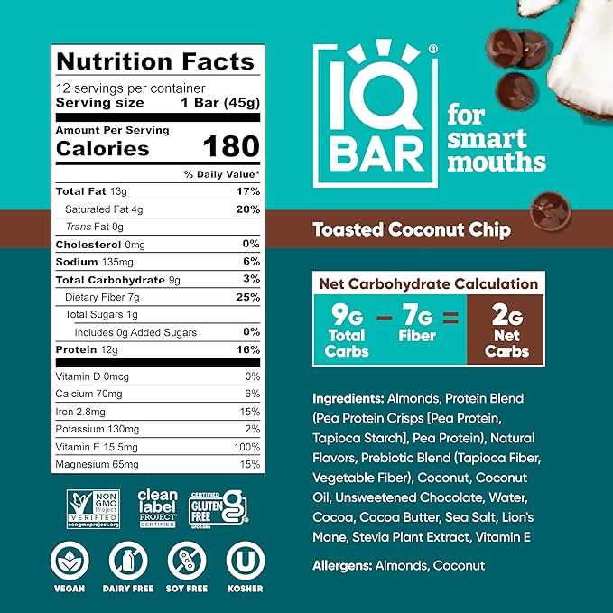 IQBAR Clean Plant Protein Bars - Toasted Coconut Chip - 36 Count - Keto, Vegan, High Fiber, Gluten and Dairy Free, Low Sugar Snack - Brain and Body Nutrients for Focus, Energy, Meal Replacement
