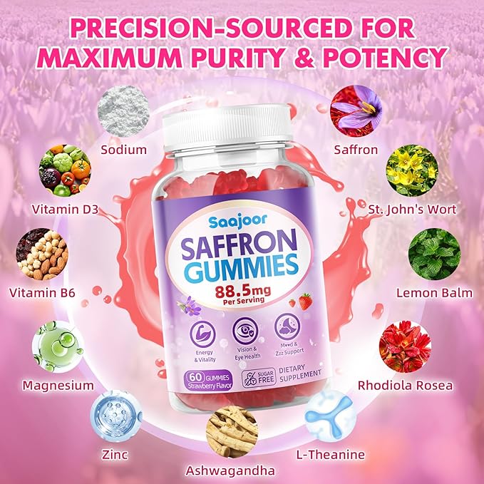 Saffron Gummies for Adult Kids - with Saffron 88.5mg, Vitamins D3 & B6, Magnesium, Zinc, Ashwagandha, L - Theanine, St. John's Wort - Supports Mood & Focus, Strawberry Flavor, 60 Count