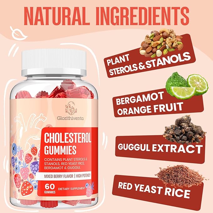 Cholesterol Supplement with Plant Sterols & Stanols, Guggul, Bergamot Orange Extract, Red Yeast Rice, Cholesterol Complex Gummies, Mixed Berry Flavor, 120 Counts