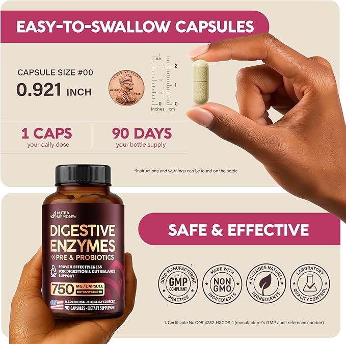 Digestive Enzymes for Women - Multi Digestive Enzymes | Papaya | Bromelain | Probiotic & Prebiotics - Gut & Digestion Support, Bloating Relief - Vegan, Lab Tested - Made in USA - 90 Capsules, One/Day