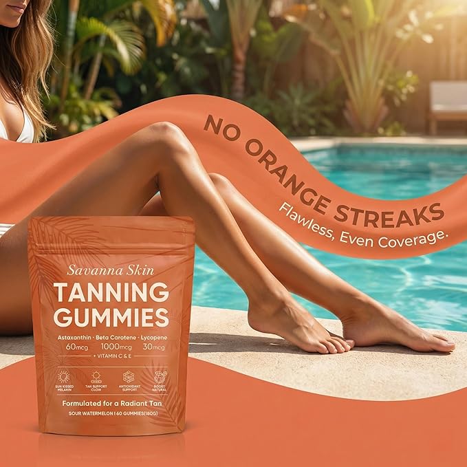 Savanna Skin Tanning Gummies, with Astaxanthin, Beta-Carotene, Lycopene & Vitamins, Radiant Healthy Skin, Vitality Support & Hydration, Vegan, Sugar-Free, Sour Watermelon Flavor, 60 Count (1)