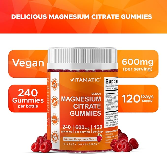 Vitamatic Magnesium Citrate Gummies 600mg per Serving - 240 Vegan Gummies - Natural Raspberry Flavor - High Absorption Magnesium Supplement - Supports Nerve, Bone and Muscle Health