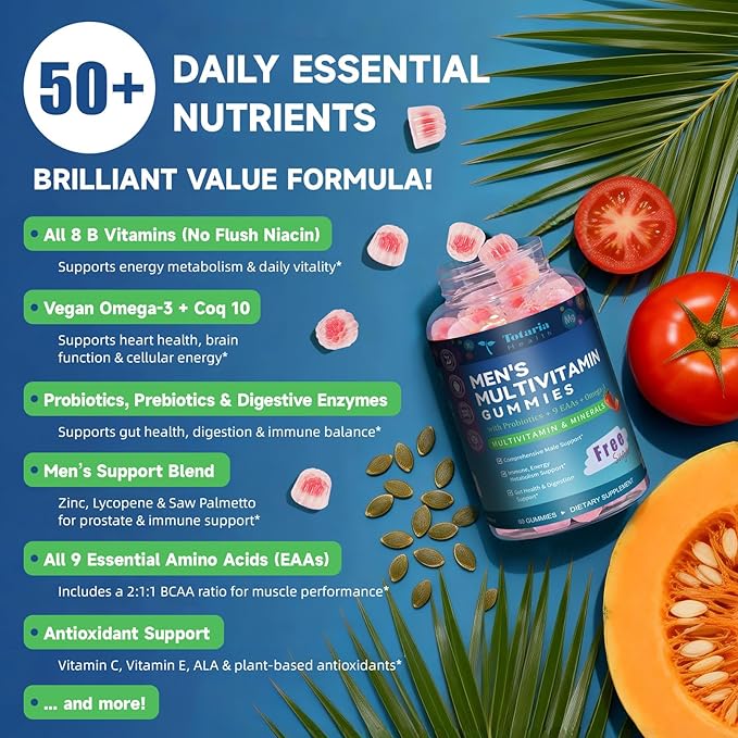 Totaria Sugar Free Multivitamin for Men with Omega 3, Probiotics, Mens Multivitamins Gummies w/Methylated B Complex, EAAs, Lycopene, Zinc, for Daily Energy, Immune, Heart, Iron Free, 60 Count