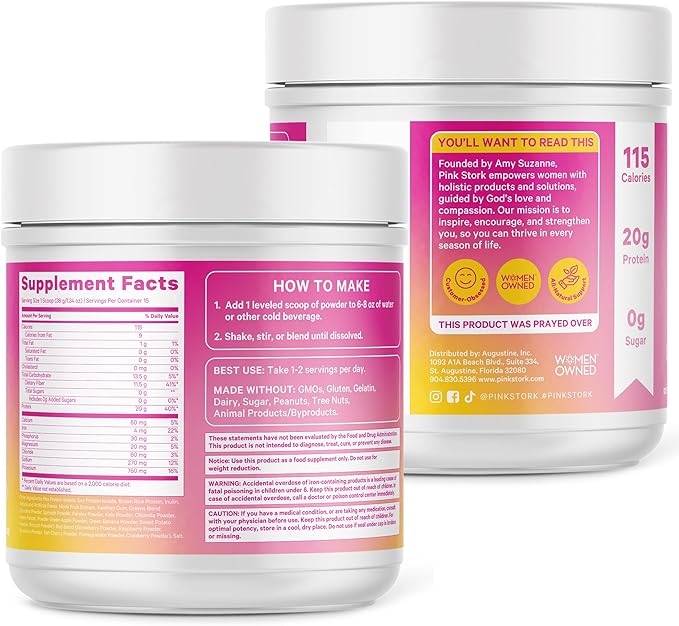 Pink Stork Protein Powder for Women, 20g Plant Based Protein Powder with Fiber + Superfoods, Gluten Free, Dairy Free, Sugar Free, Pregnancy Friendly, Vanilla Protein Shake - 15 Scoops