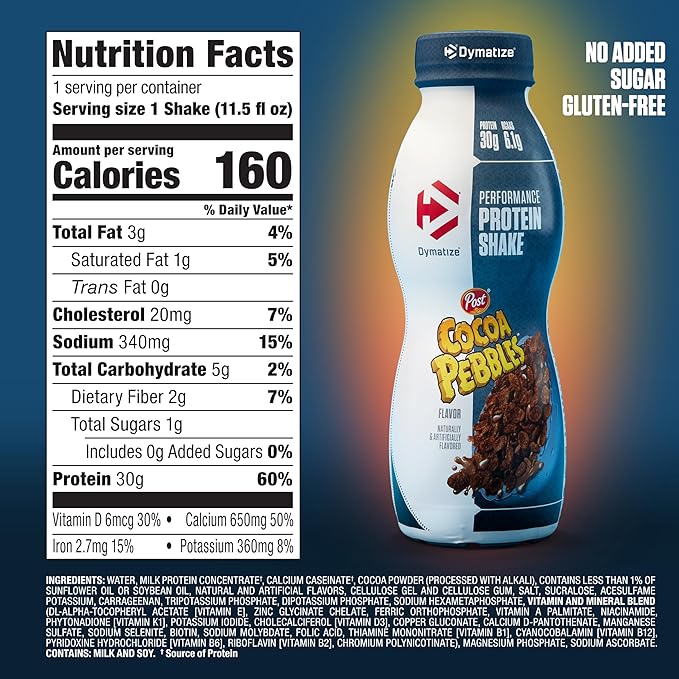 Dymatize Performance Protein Shake, Cocoa Pebbles, 30g Protein, 6.1g BCAA for Muscle Recovery, No Added Sugar, Low Fat, 24 Vitamins and Minerals, Gluten-Free, Ready to Drink, On-the-Go Snack, 11.5fl oz, 12 pack