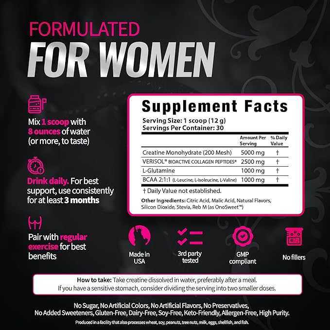 Creatine for Women – Supplement with Collagen & BCAA – Supports Muscle Development, Post-Workout Recovery, Skin Elasticity, Healthy Hair & Nail (30 Servings (1 Pack), Pink Lemonade)