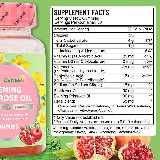 Evening Primrose Oil Gummies, Superior Women's Multi, Support PMS Balances Hormones & Keep Skin Smooth, 60 Count
