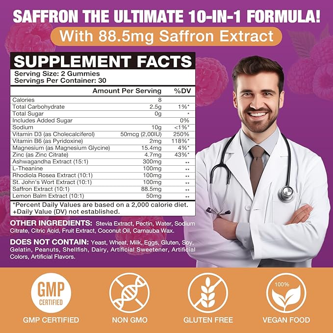 Saffron Gummies (88.5 mg) with Magnesium — Enhanced with St. John’s Wort, Rhodiola, Ashwagandha & Vitamins B6, B12, D3 for Mood & Focus Support — 120 Count