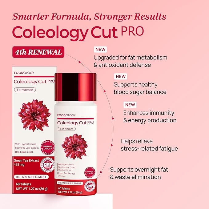 FOODOLOGY Coleology Cut PRO – Green Tea Extract 428mg Nighttime Fat Metabolism Support for Women, 9-in-1 Formula with Banaba Leaf & Rhodiola Rosea, Korean Dietary Supplement, 30 Day Supply