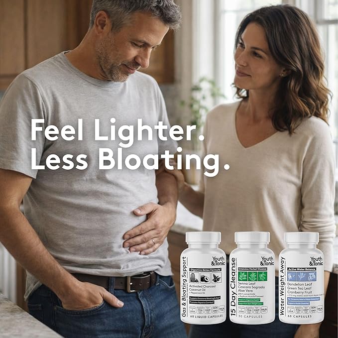 Youth & Tonic Belly Bloating Relief for Gas, Gut & Water Debloating – Digestion & Fluid Retention Support with Activated Charcoal for Women & Men– 150 Pills