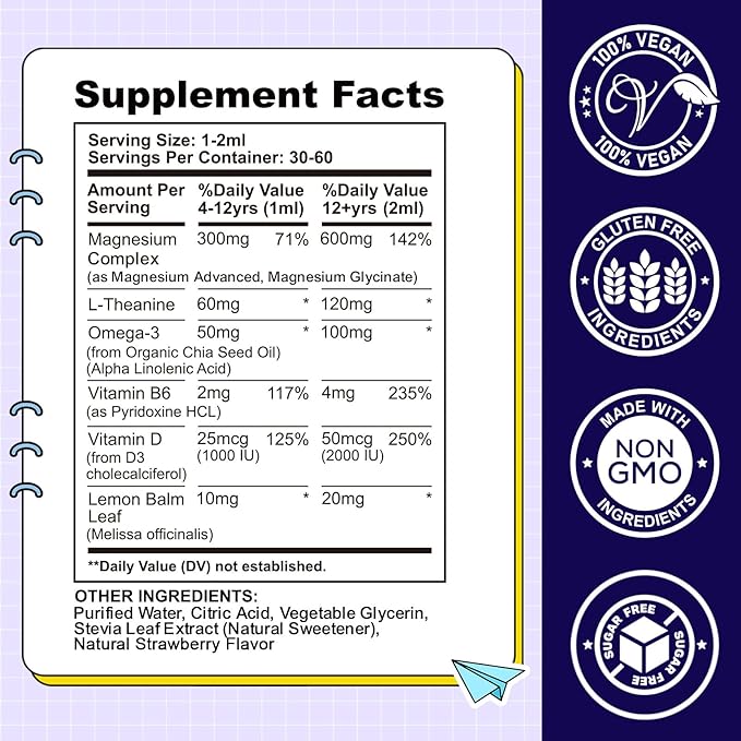 Kids Magnesium Liquid Drops-Magnesium Glycinate Liquid for Kids Supplement-w/L-theanine, Omega-3, Vitamin B6, D3 - for Sleep, Relaxation, Brain, Bones - 2 Fl Oz Children's Calm, Strawberry Flavor