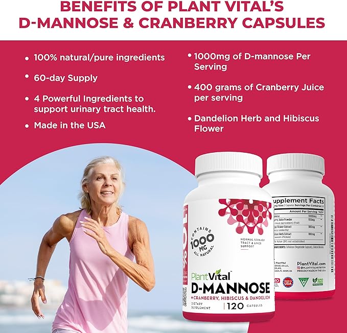 Plantvital D Mannose Capsules with Cranberry - D-mannose 1000mg per serving - High Potency for Bladder, Kidney and Urinary Tract Support - Cranberry Powder with Hibiscus and Dandelion- 2 Months Supply
