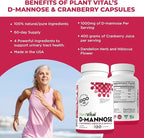 Plantvital D Mannose Capsules with Cranberry - D-mannose 1000mg per serving - High Potency for Bladder, Kidney and Urinary Tract Support - Cranberry Powder with Hibiscus and Dandelion- 2 Months Supply