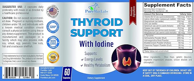Thyroid Support with Iodine - Metabolism Booster, Energy Booster, Increase Focus - Premium Non-GMO Thyroid Supplement 60 Capsules