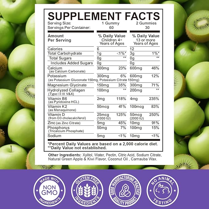 Calcium Potassium Magnesium Gummies for Kids & Adults, Magnesium Potassium Calcium Supplement for Kids, Sleep, Bone Strength, Density Support, Sugar Free, Juice Apple & Kiwi Flavor, 60 Gummies