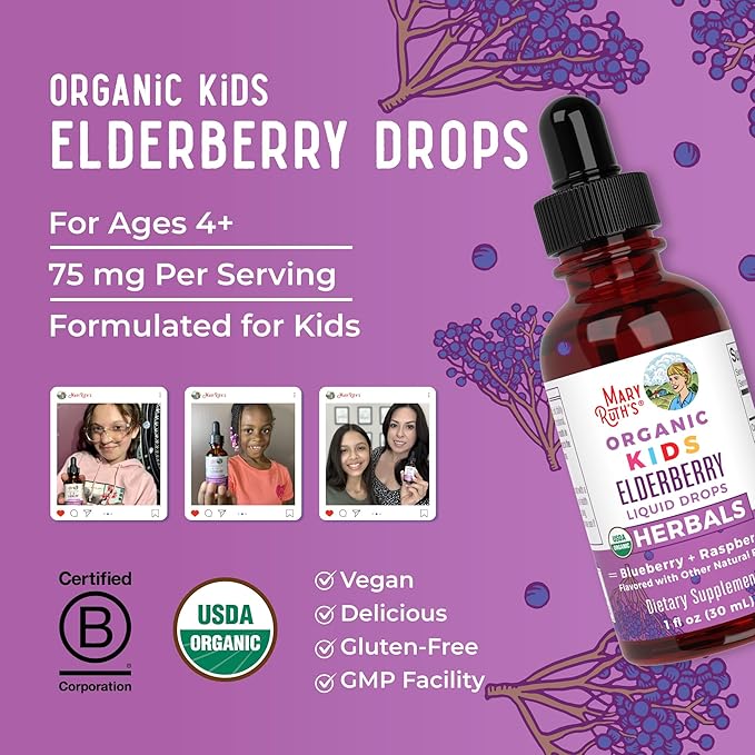 MARYRUTH'S USDA Organic Elderberry Liquid Drops for Kids | Vegan Elderberry Extract Organic Glycerin | Immune Support Supplement | Overall Health | Formulated for Ages 4-13 | 1oz