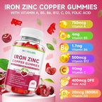 Iron, Zinc, Copper Supplements for Women & Men, Mineral Gummies with Vitamin A, B5, B6, C, D3, B12 for Adults, Kids, Promote Energy, Support Immunity, Bone Health, Sugar Free, Cherry Flavor, 120 Count