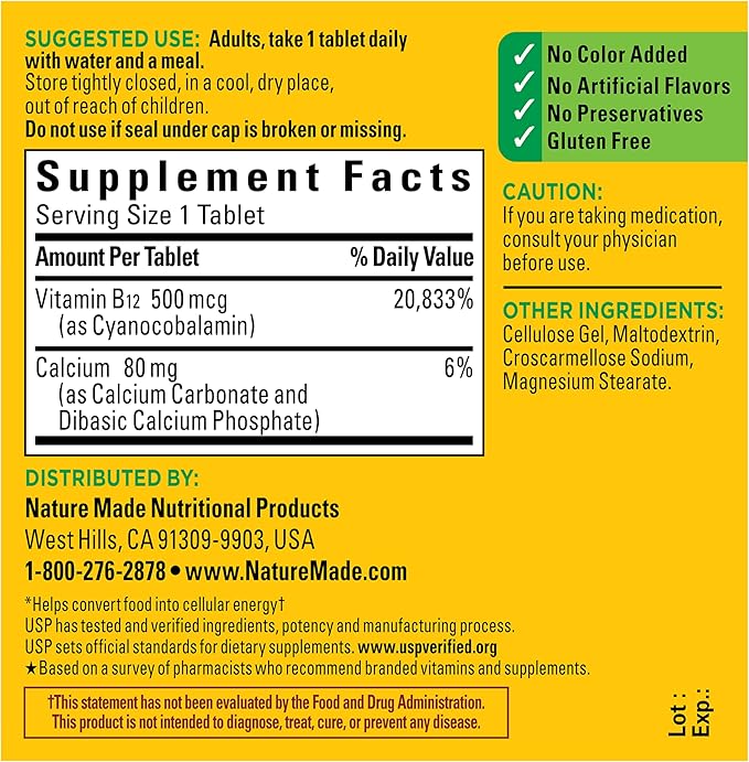 Nature Made Vitamin B12 500 mcg, Dietary Supplement for Energy Metabolism Support, B12 Vitamins 500 mcg, 200 Tablets, 200 Day Supply