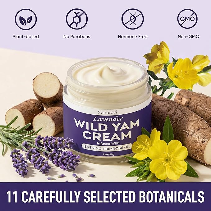 Lavender Wild Yam Cream for Women Hormone Balance, Evening Primrose infused for Menopause Support, Moisturizing Self Care for Hot Flashes, Night Sweats, Relaxation Gifts for Women