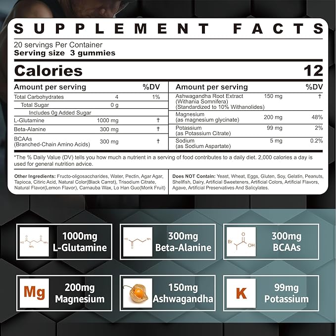 Nextdia L-Glutamine 1000mg Gummies for Women & Men| with Beta-Alanine, BCAAs, Magnesium Glycinate, Potassium & Ashwagandha | Vegan | Sugar-Free & Extra-Chewy | 120 Counts