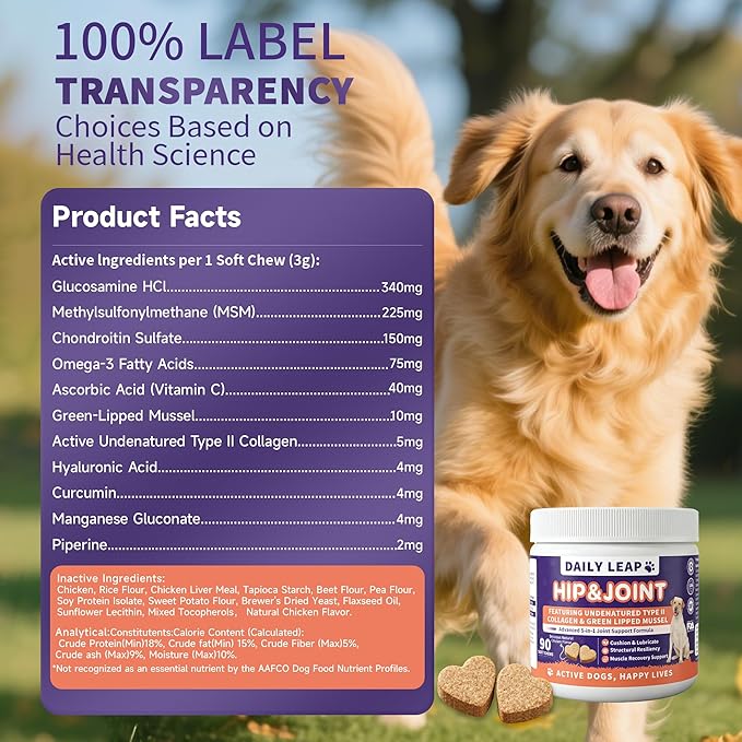 3g 90 Count Hip & Joint Supplement for Dogs with Undenatured Type II Collagen, MSM, Green Lipped Mussel, Glucosamine, Chondroitin Support Mobility, Chicken Flavored Soft Chews