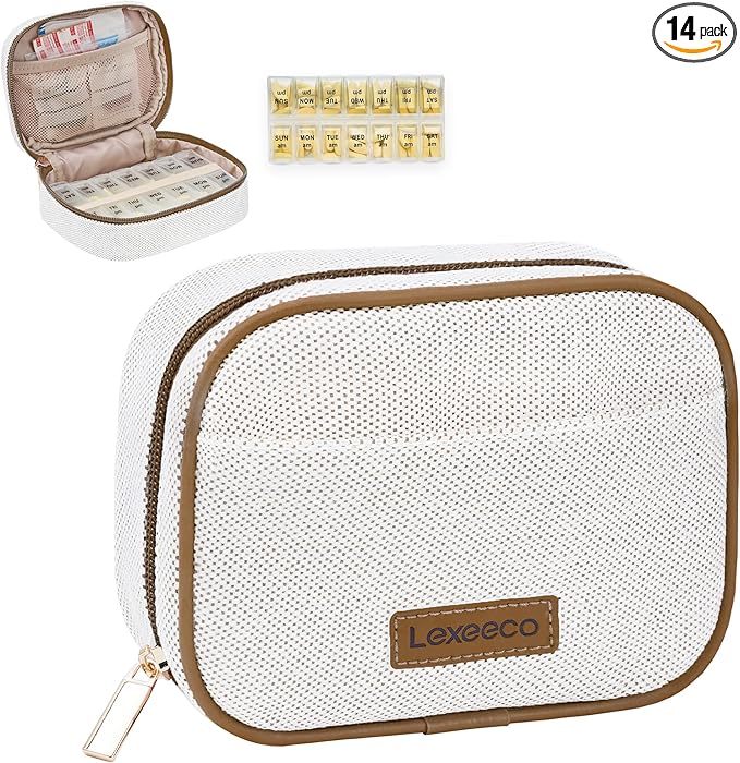 Weekly Travel Pill Organizer 2 Times A Day Pill Case for Purse with Removable AM PM 7 Day Pill Box,Cute Medication Organizer Pill Container for Medicine, Vitamin, Fish Oils,Supplement (Brown, Medium)