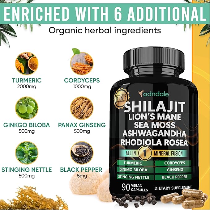 Adndale Shilajit for Men and Women. Pure Himalayan Organic Shilajit Capsules with Sea Moss Ashwagandha Rhodiola Rosea Lion’s Mane. 90 Count