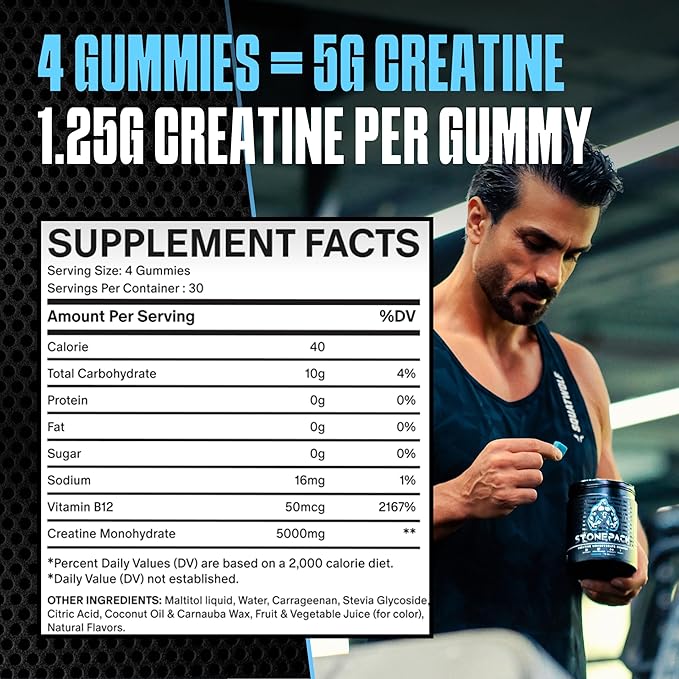 STONEPACK Creatine Gummies – The Only Lab-Verified 5g Creatine Monohydrate | Plus B12 for Energy, Accurate Dosing, Sugar-Free, Vegan, Gluten-Free | 120 Count Blue Raspberry Flavor